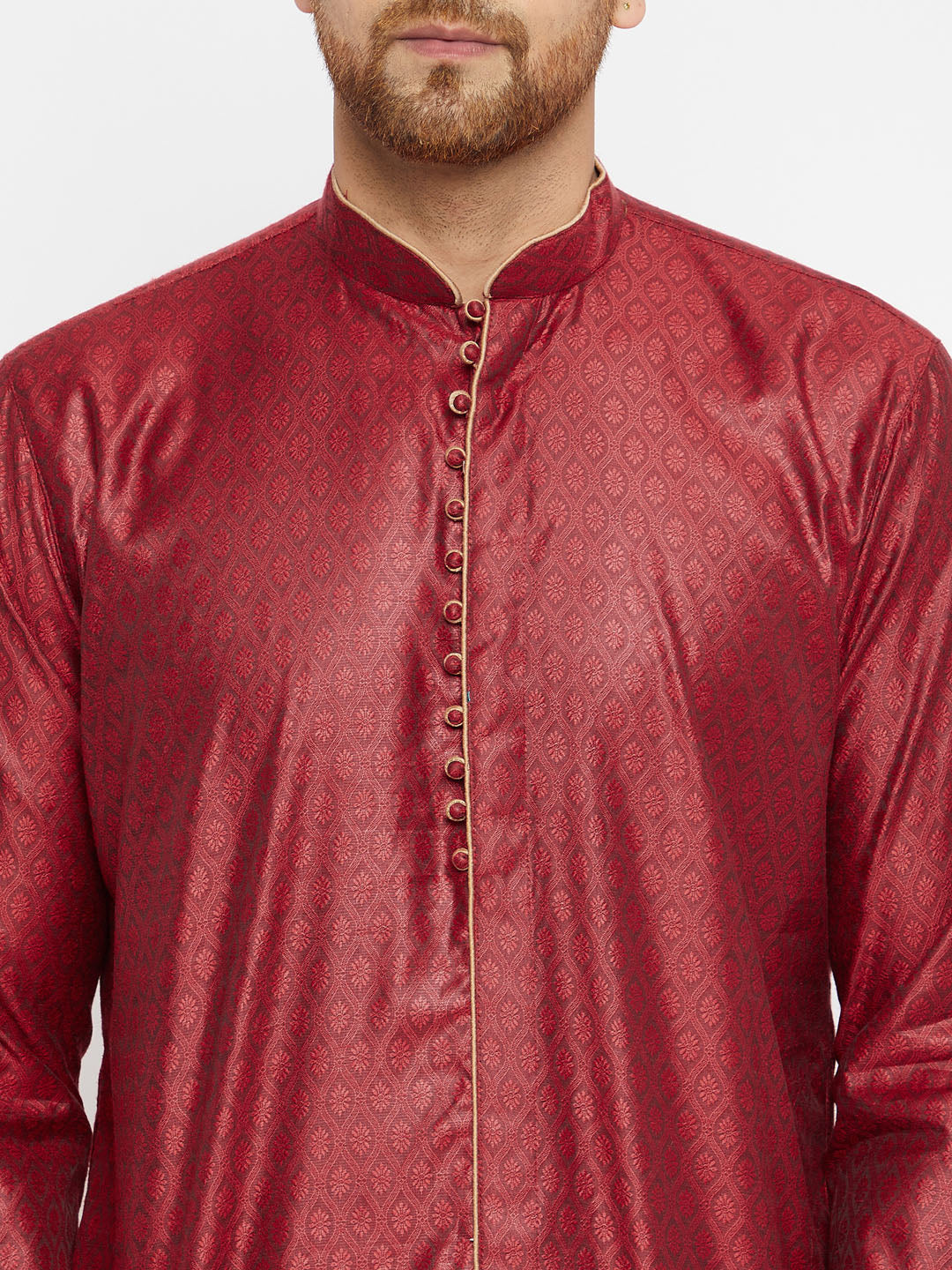 Sarvati Men's Maroon And Rose Gold Silk Blend Kurta Pyjama Set