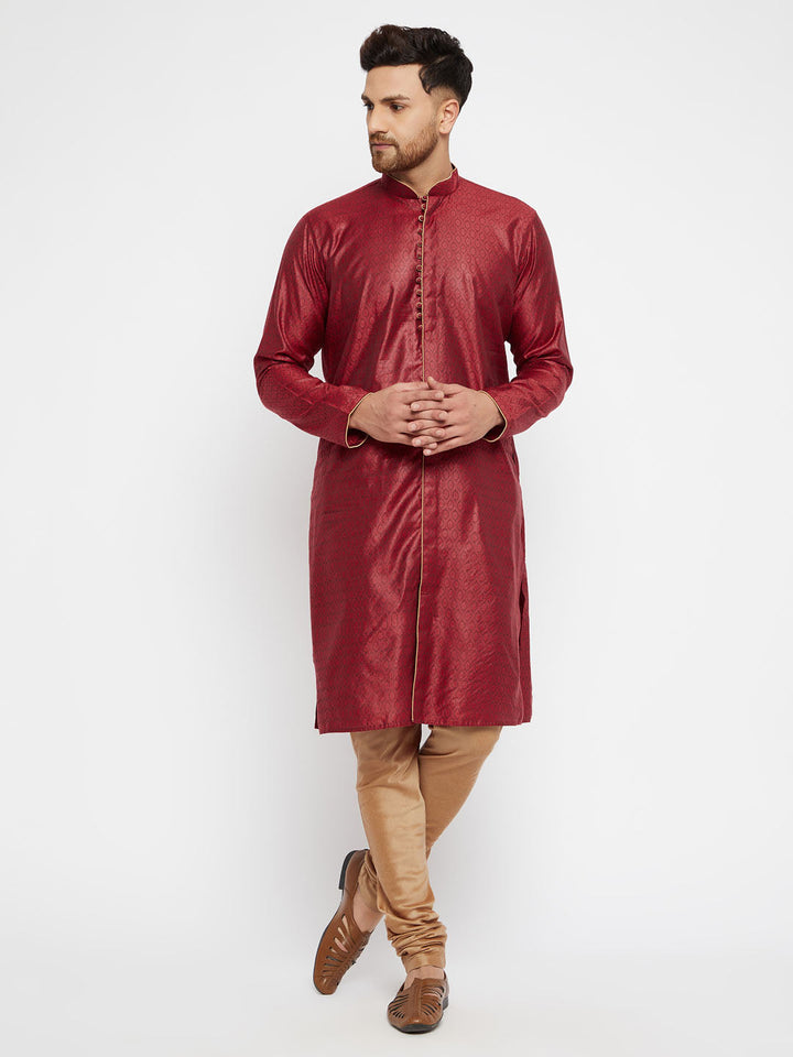 Sarvati Men's Maroon And Rose Gold Silk Blend Kurta Pyjama Set