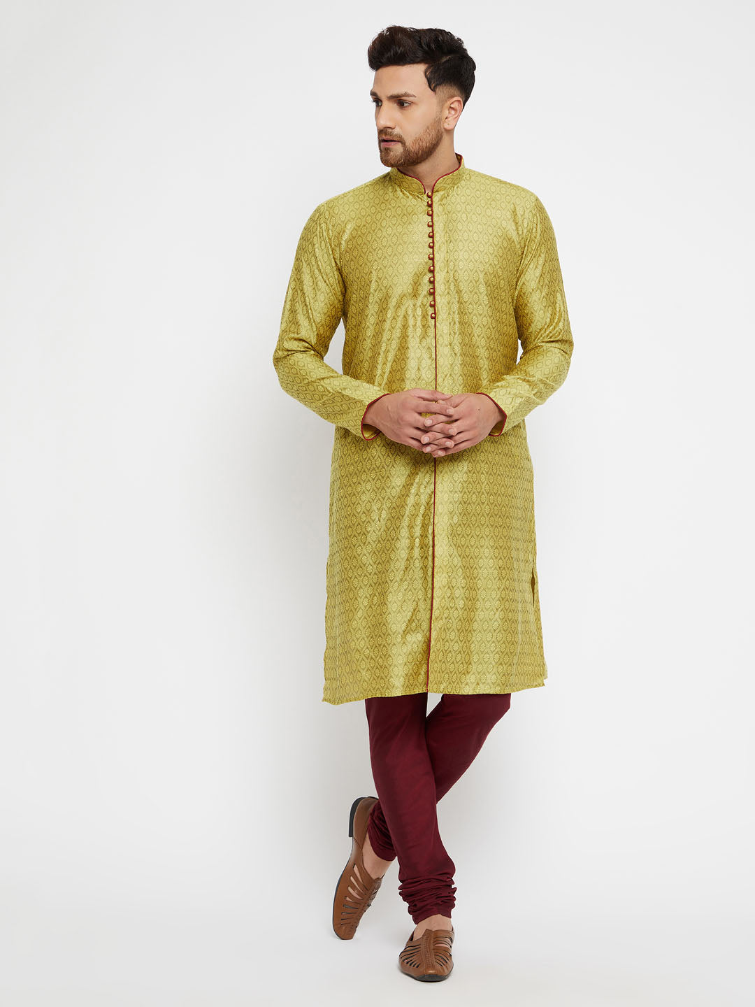 Sarvati Men's Mustard And Maroon Silk Blend Kurta Pyjama Set