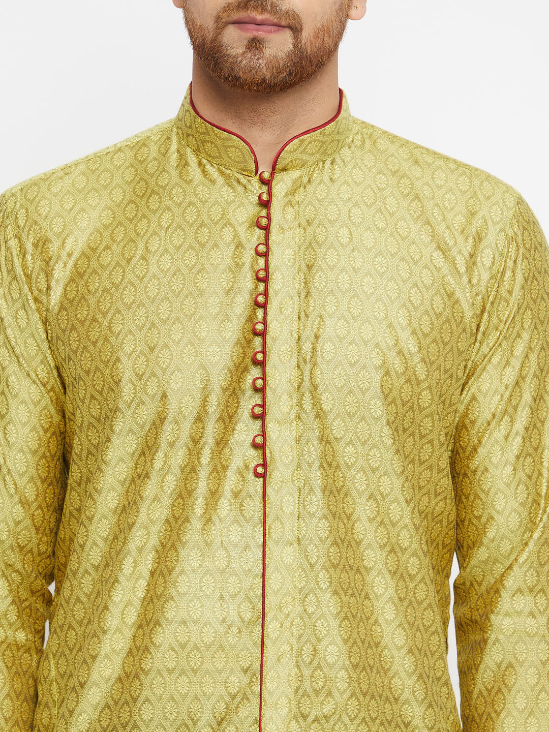 Sarvati Men's Mustard And Maroon Silk Blend Kurta Pyjama Set