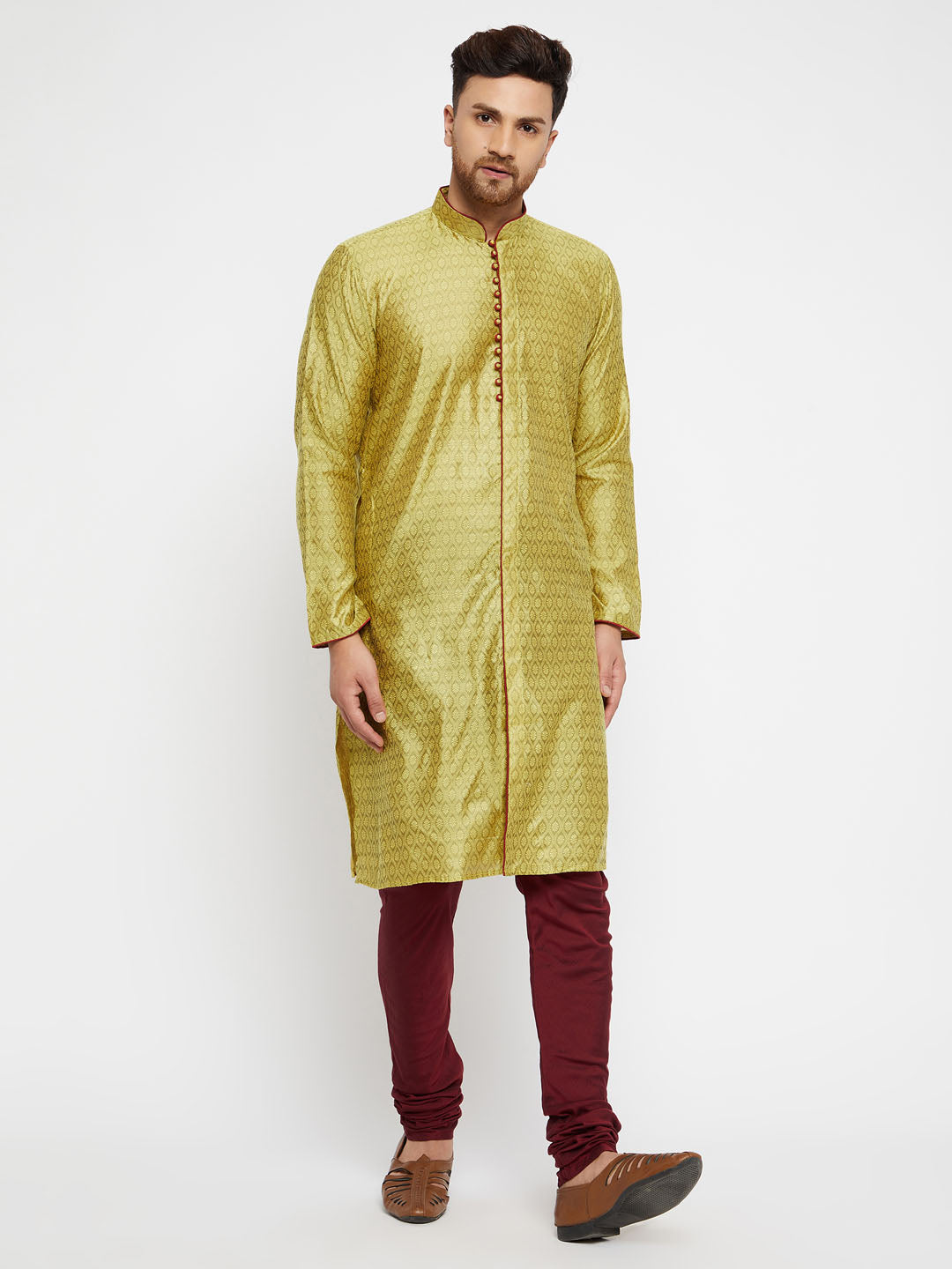 Sarvati Men's Mustard And Maroon Silk Blend Kurta Pyjama Set