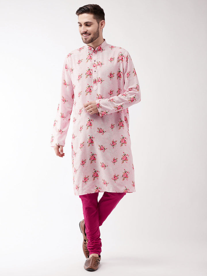 Sarvati Men's Multicolor-Base-Pink Muslin Blend Kurta Pyjama Set