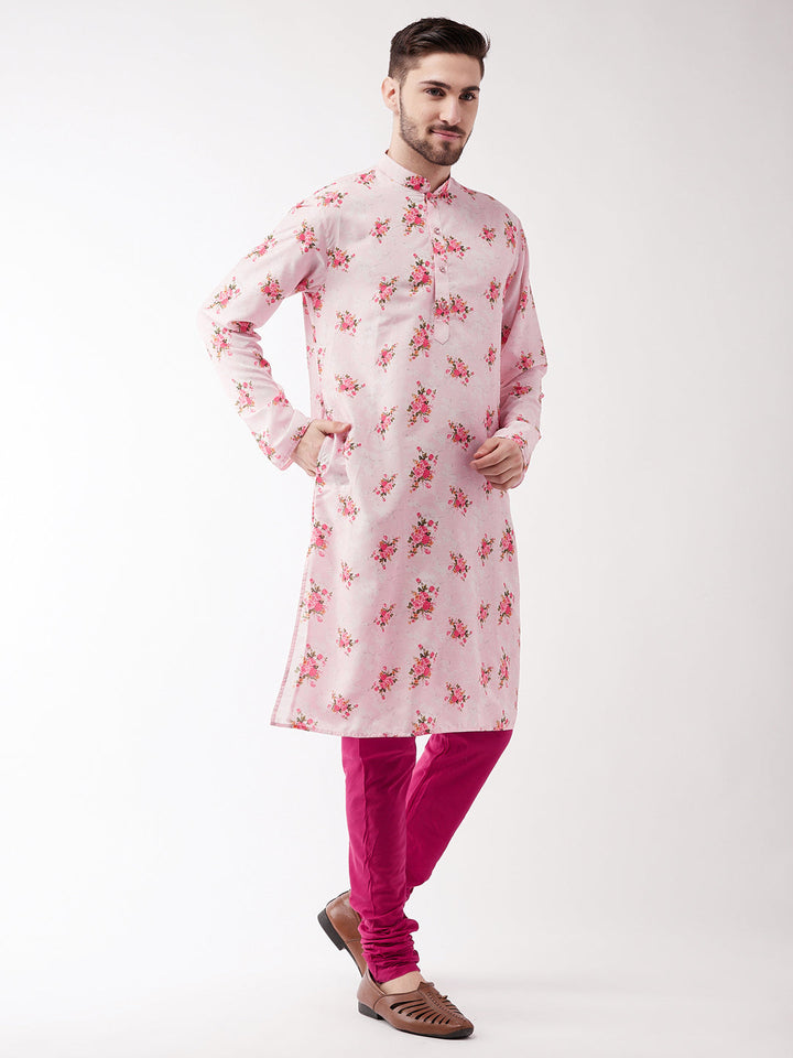 Sarvati Men's Multicolor-Base-Pink Muslin Blend Kurta Pyjama Set