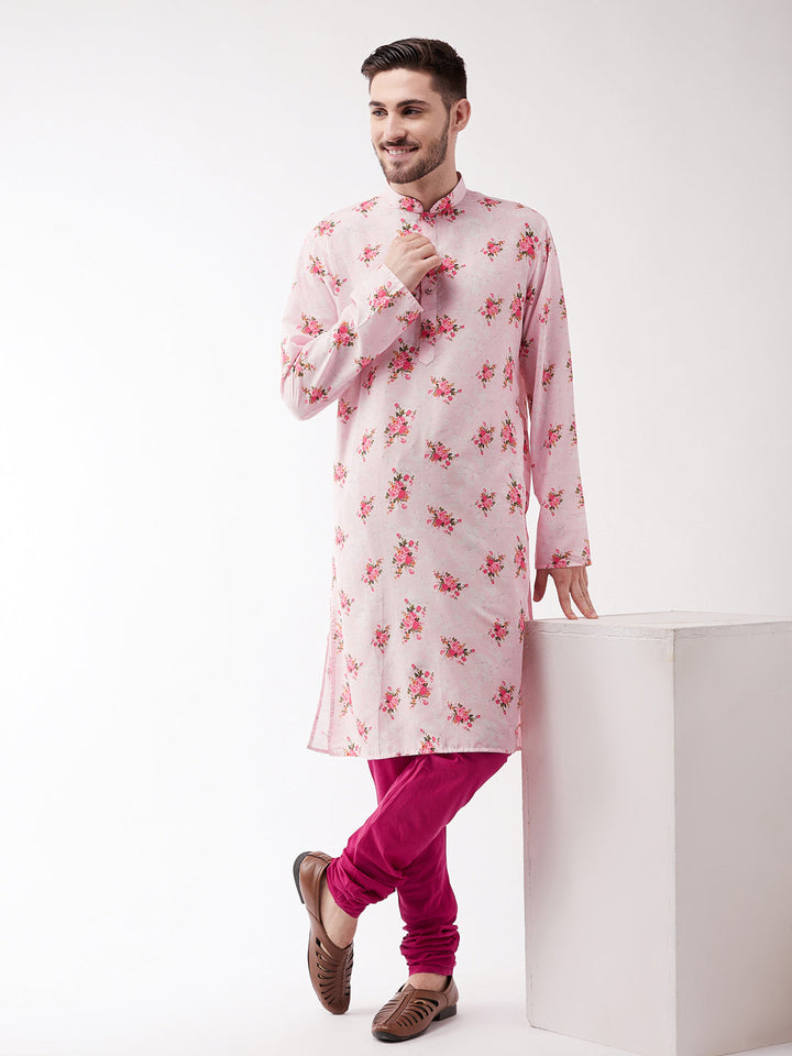 Sarvati Men's Multicolor-Base-Pink Muslin Blend Kurta Pyjama Set