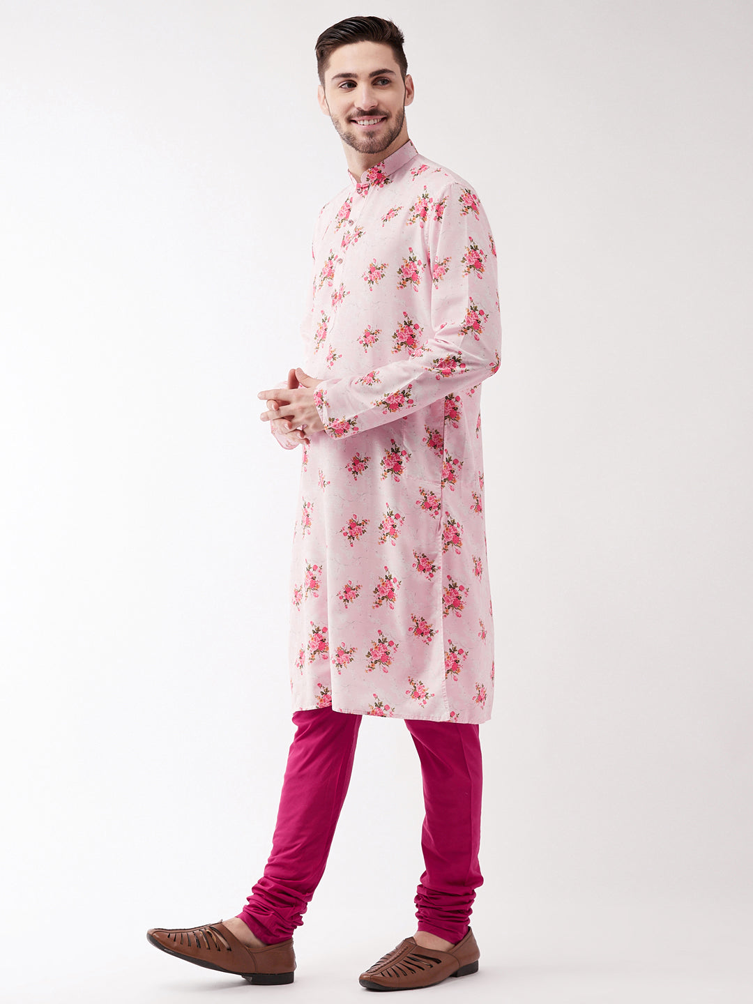 Sarvati Men's Multicolor-Base-Pink Muslin Blend Kurta Pyjama Set