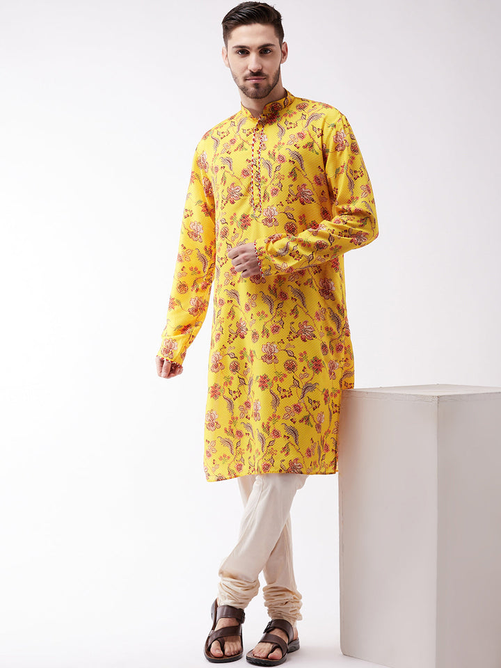 Men's Floral Printed Multicolor-Base-Yellow Muslin Blend Kurta