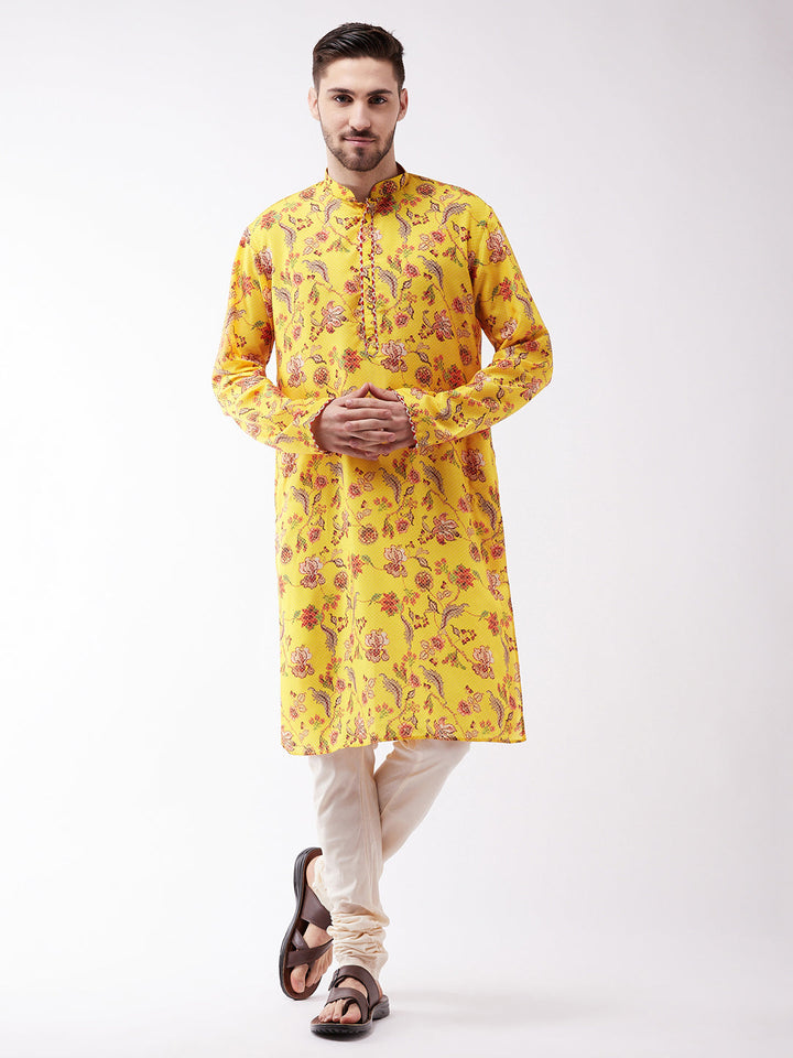 Sarvati Men's Floral Printed Multicolor-Base-Yellow Muslin Blend Kurta And Pyjama Set