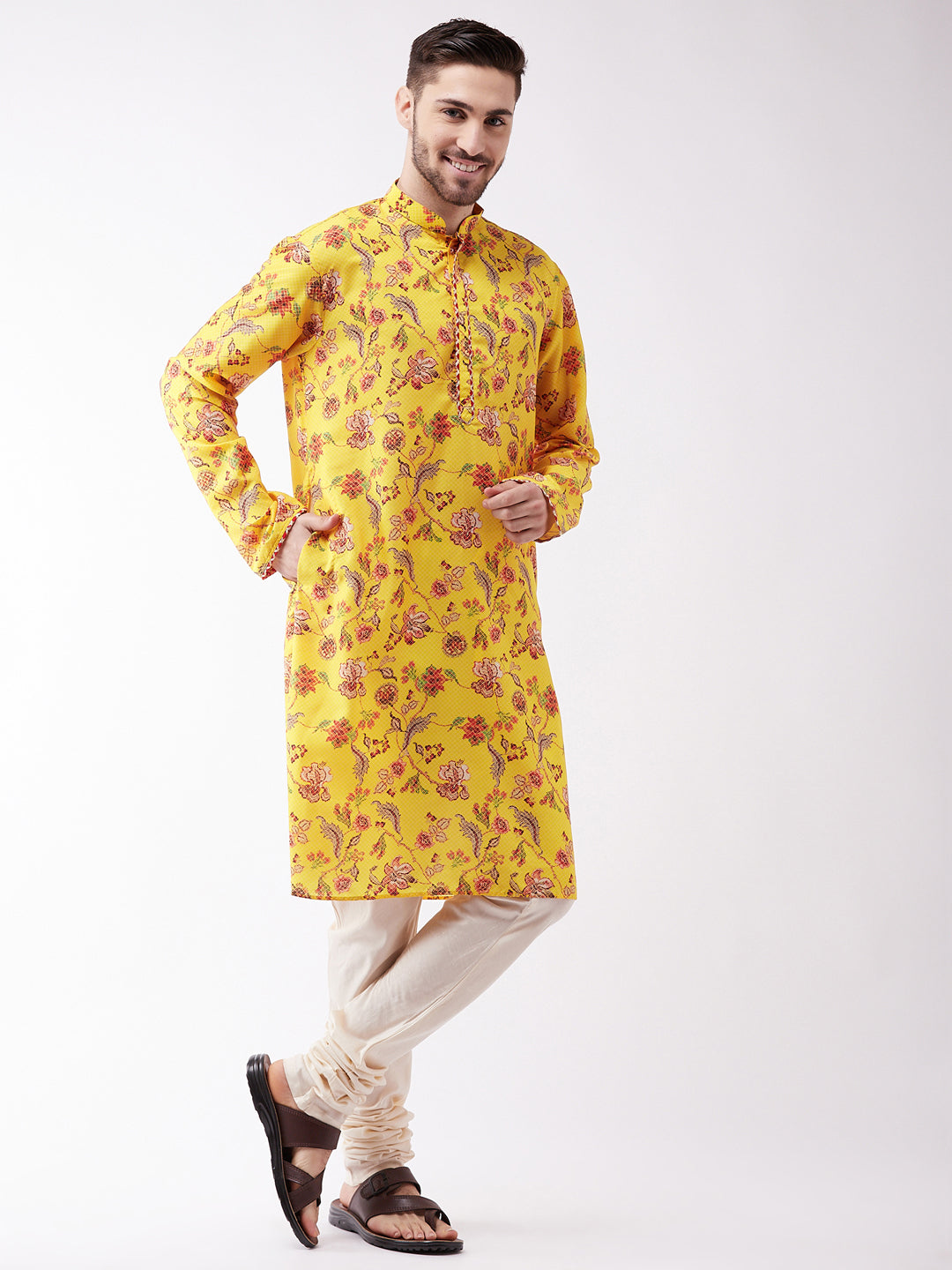 Sarvati Men's Floral Printed Multicolor-Base-Yellow Muslin Blend Kurta And Pyjama Set