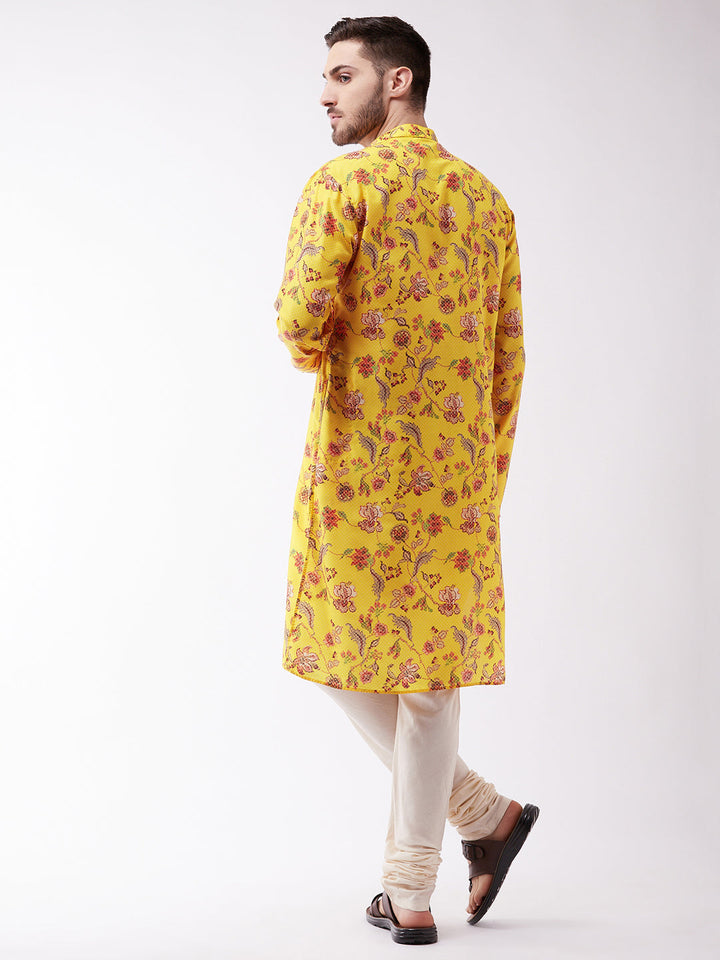 Sarvati Men's Floral Printed Multicolor-Base-Yellow Muslin Blend Kurta And Pyjama Set