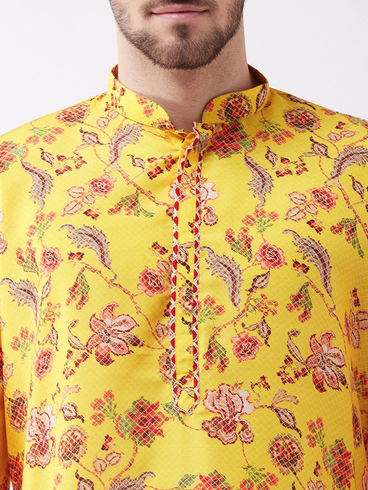 Sarvati Men's Floral Printed Multicolor-Base-Yellow Muslin Blend Kurta And Pyjama Set