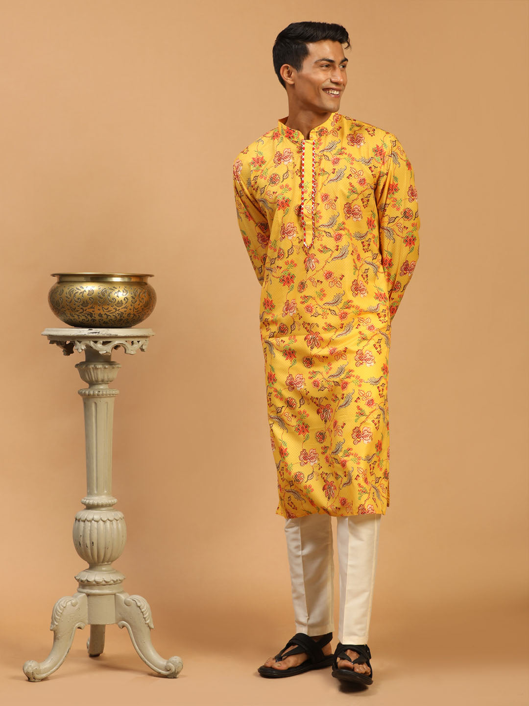 Sarvati Men's Floral Printed Multicolor-Base-Yellow Muslin Blend Kurta With Cream Viscose Pant Set