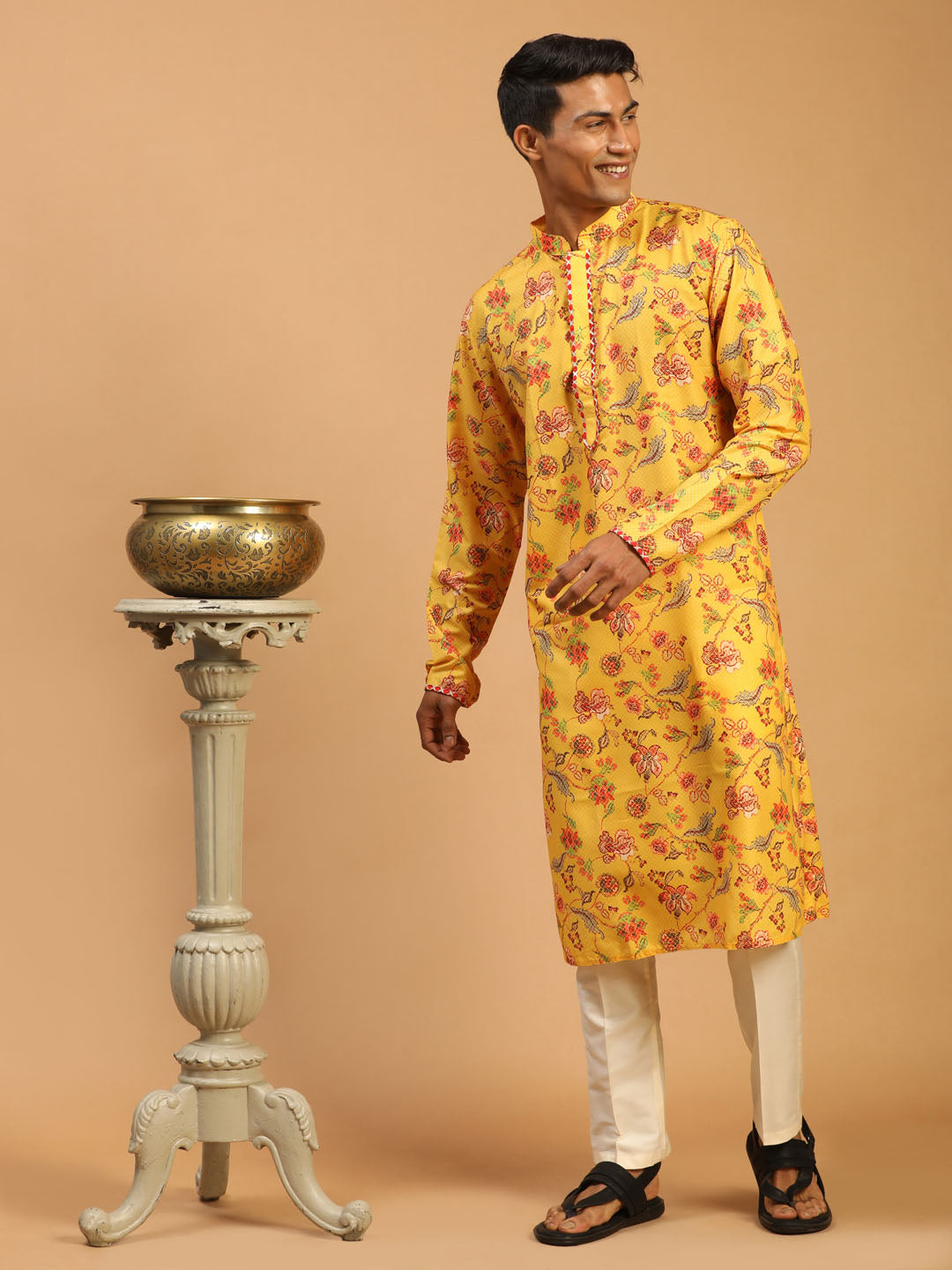 Sarvati Men's Floral Printed Multicolor-Base-Yellow Muslin Blend Kurta With Cream Viscose Pant Set