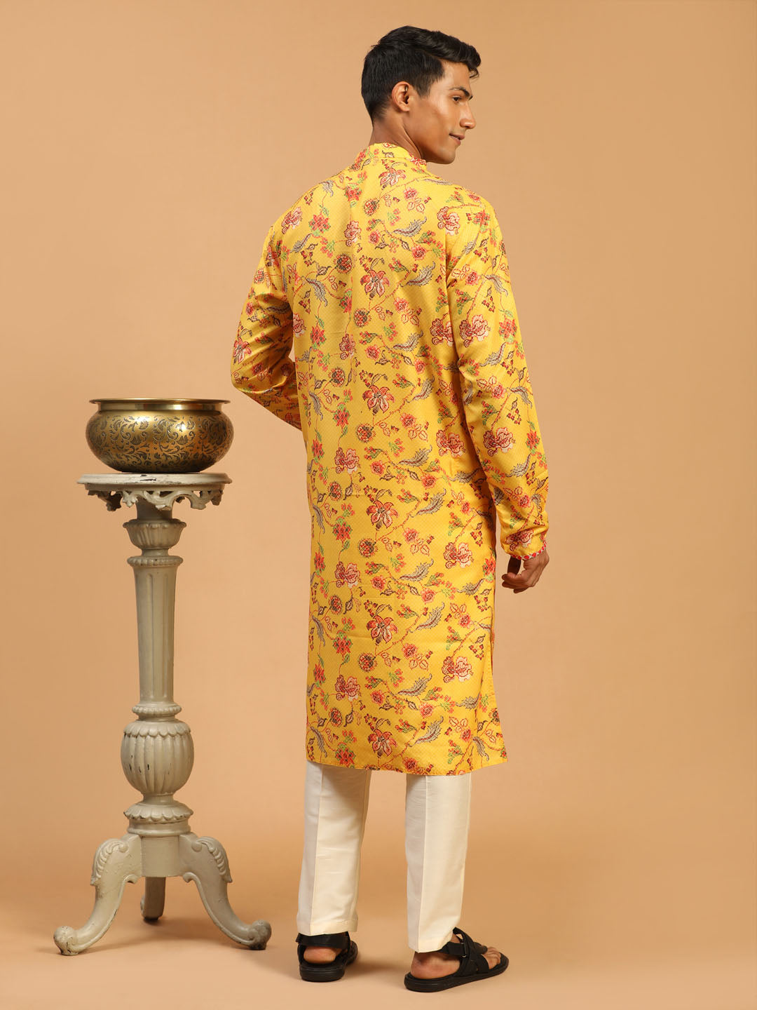 Sarvati Men's Floral Printed Multicolor-Base-Yellow Muslin Blend Kurta With Cream Viscose Pant Set