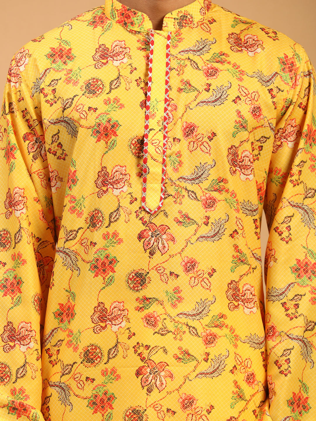 Sarvati Men's Floral Printed Multicolor-Base-Yellow Muslin Blend Kurta With Cream Viscose Pant Set