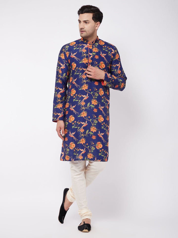 Sarvati Men's Floral Printed Muslin Blend Kurta Pyjama Set