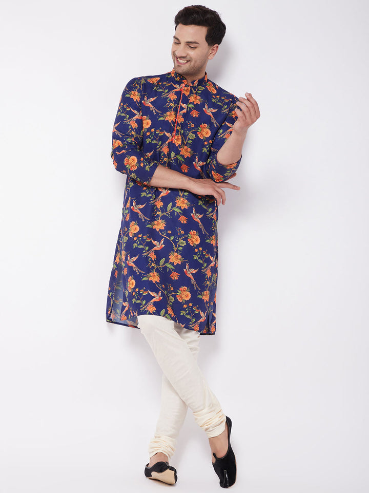 Sarvati Men's Floral Printed Muslin Blend Kurta Pyjama Set