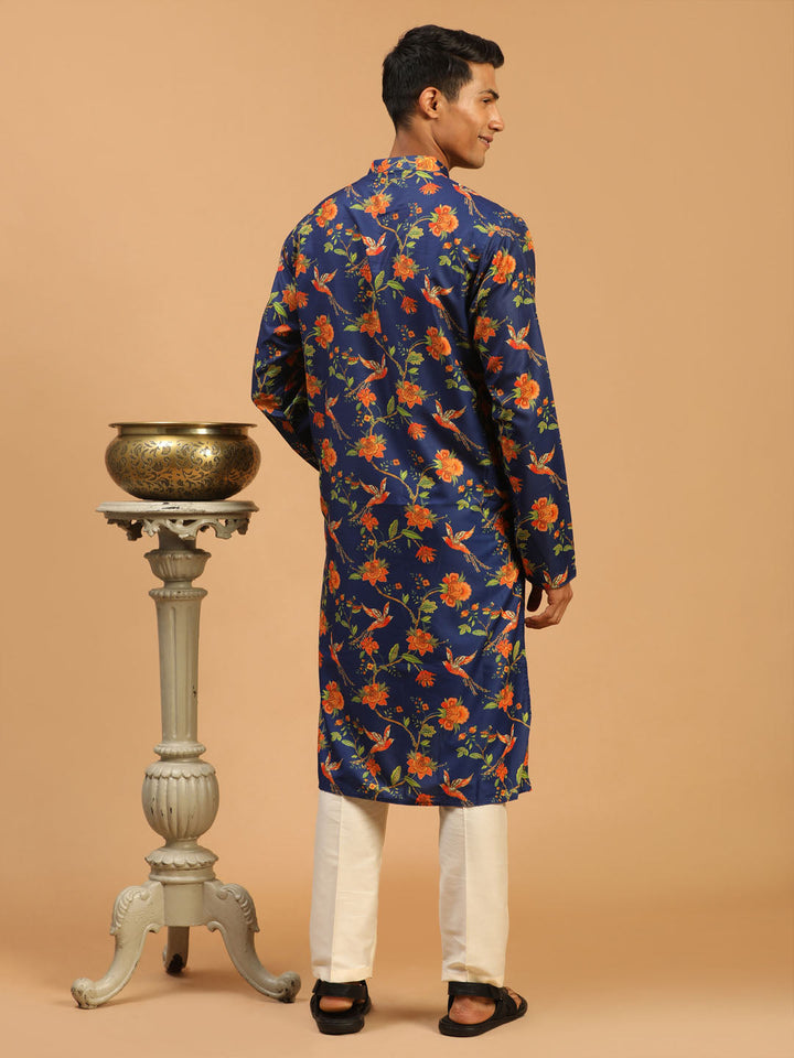 Sarvati Men's Blue Floral Printed Muslin Blend Kurta With Cream Viscose Pant Set