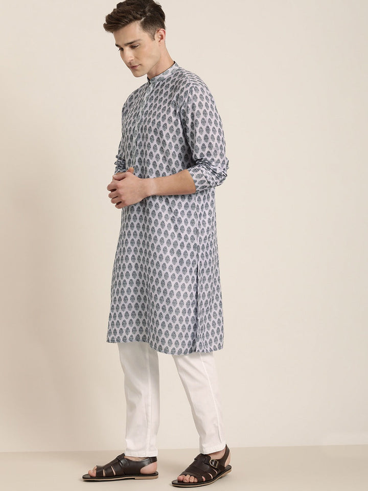 Sarvati Men's Grey Cotton Blend Kurta And White Pyjama Set