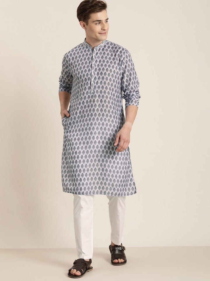 Sarvati Men's Grey Cotton Blend Kurta And White Pyjama Set