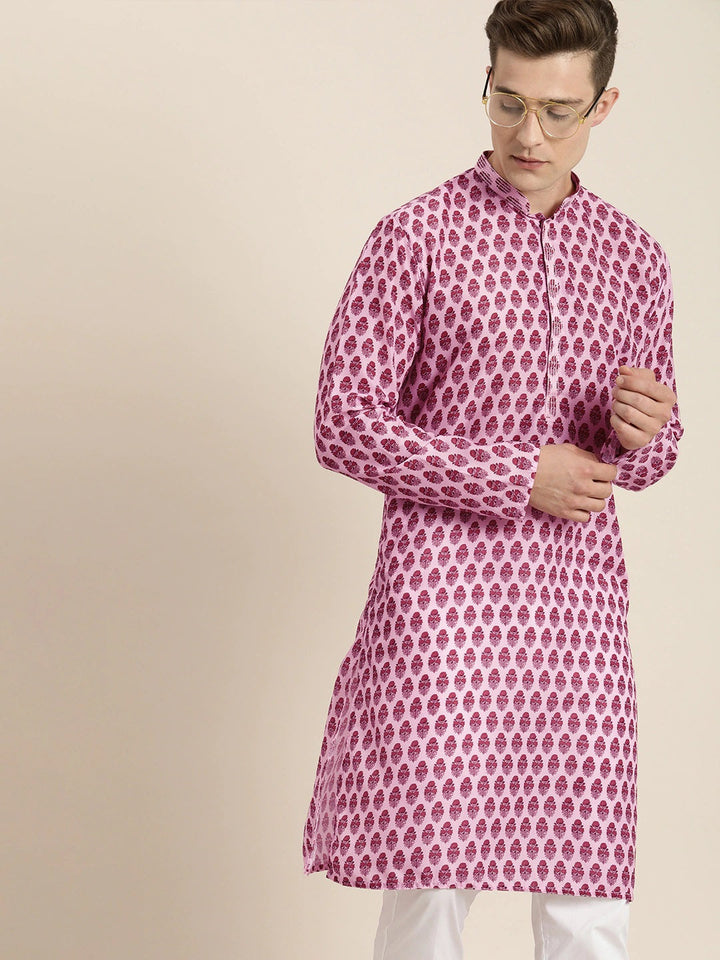 Sarvati Men's Pink Cotton Blend Kurta And  White Pyjama Set