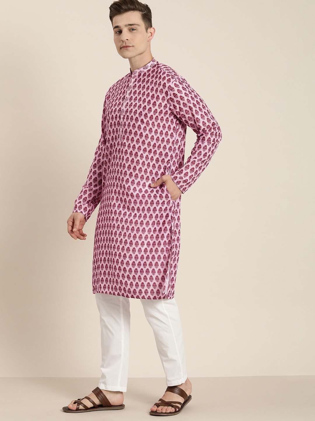 Sarvati Men's Pink Cotton Blend Kurta And  White Pyjama Set