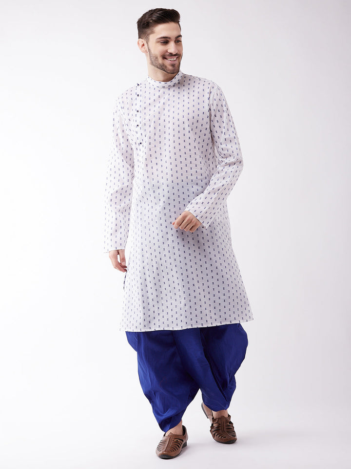 Sarvati Men's White And Blue Cotton Kurta And Dhoti Set