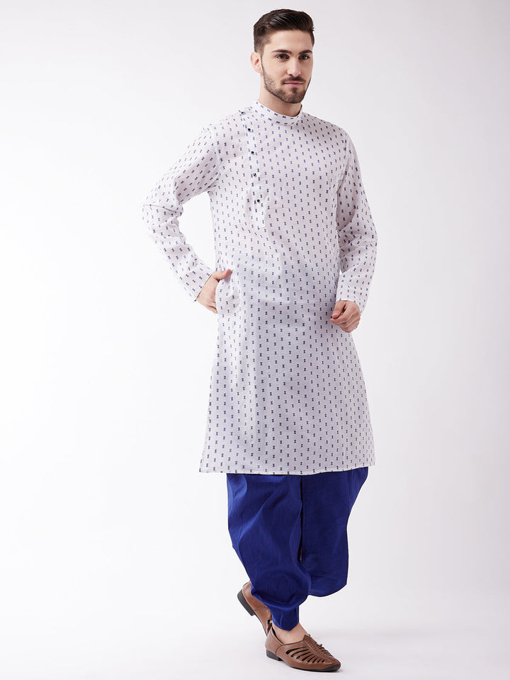 Sarvati Men's White And Blue Cotton Kurta And Dhoti Set