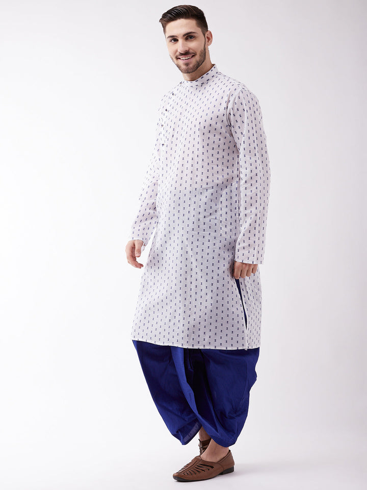 Sarvati Men's White And Blue Cotton Kurta And Dhoti Set