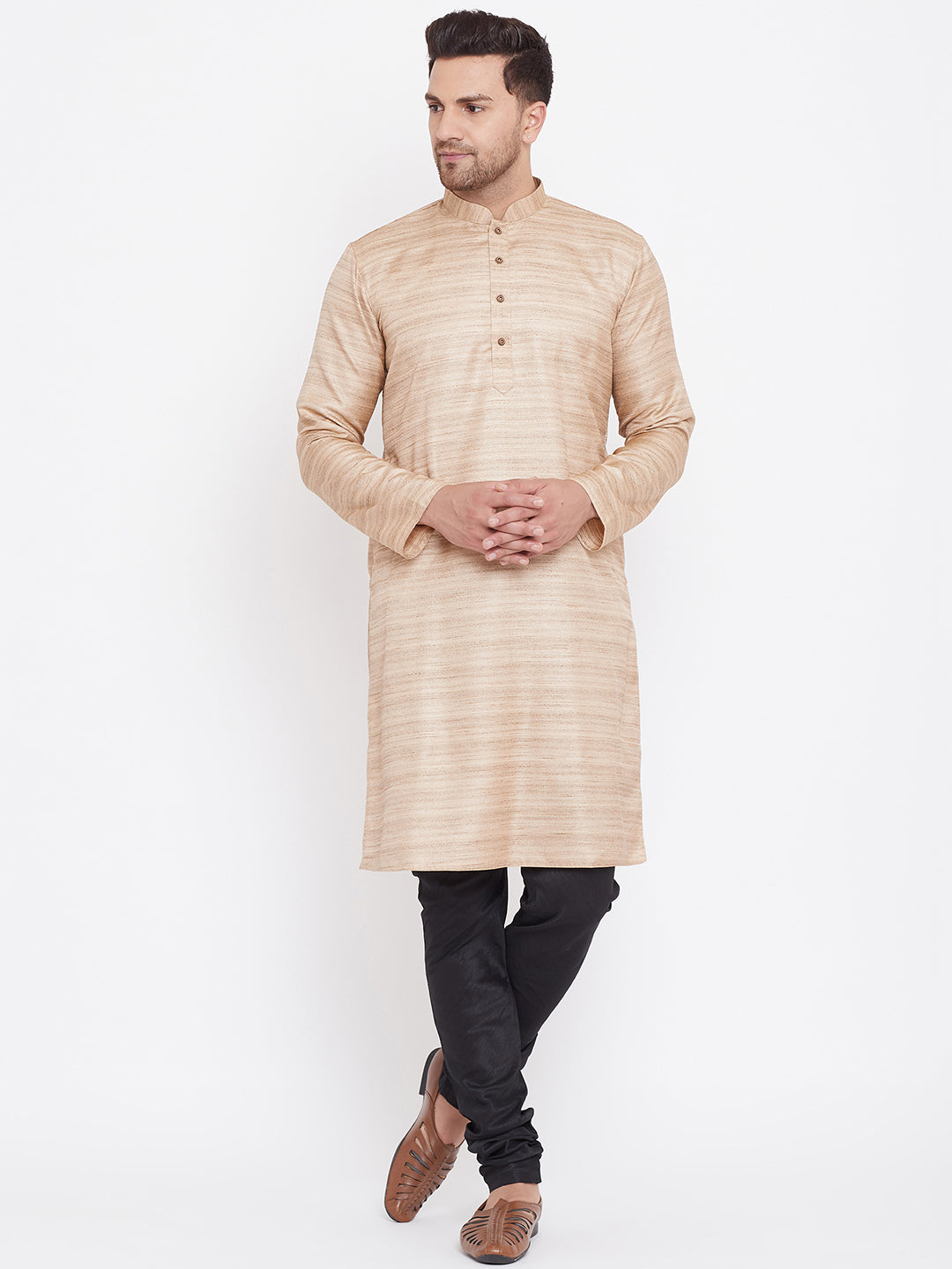 Sarvati Men's Beige And Black Silk Blend Kurta Pyjama Set