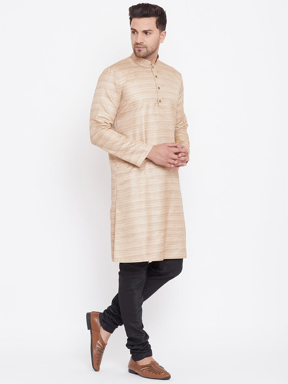 Sarvati Men's Beige And Black Silk Blend Kurta Pyjama Set