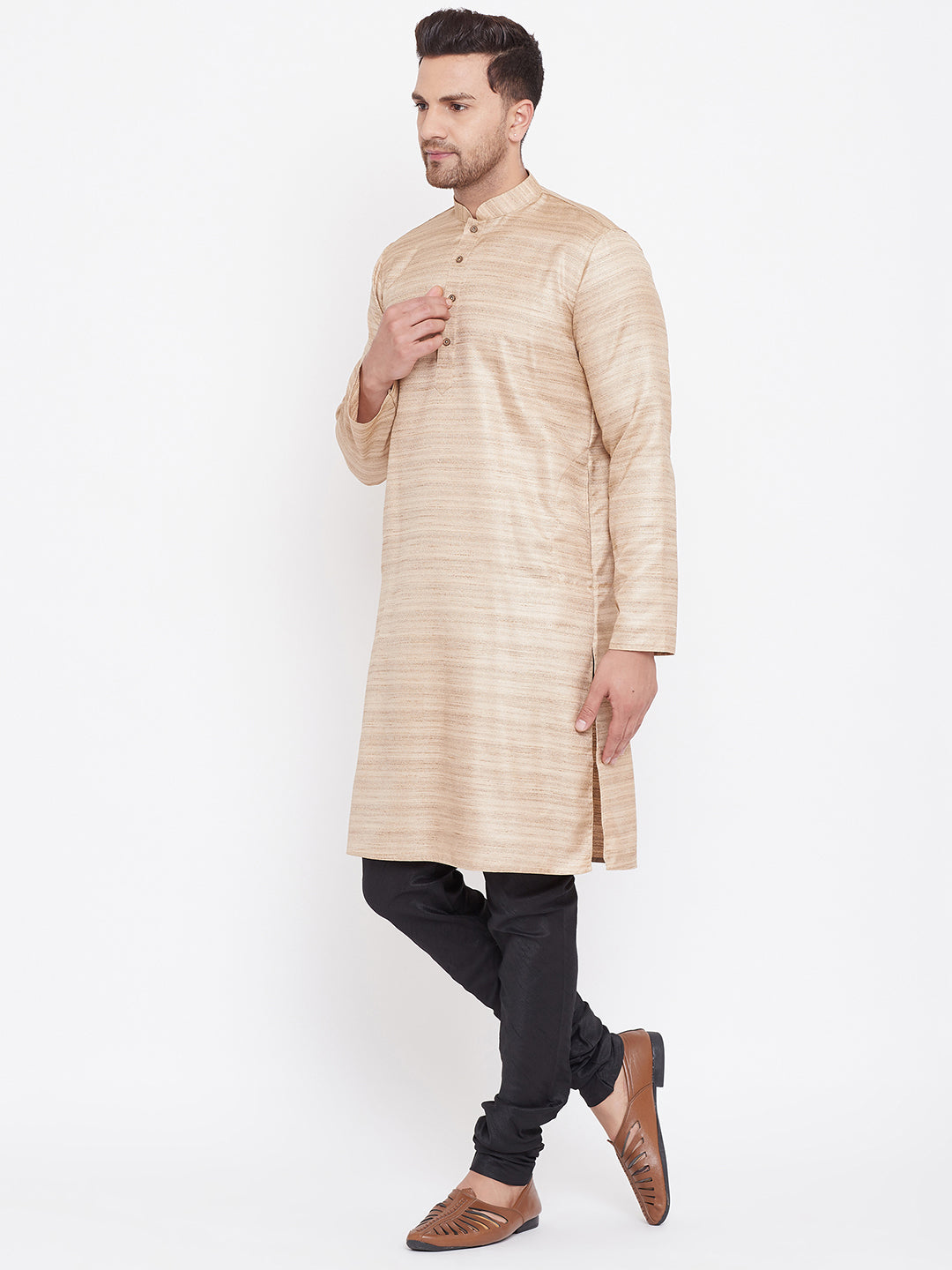 Sarvati Men's Beige And Black Silk Blend Kurta Pyjama Set