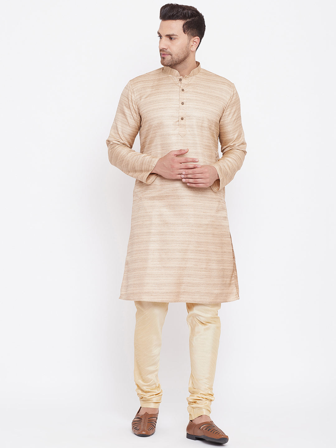 Sarvati Men's Beige And Gold Silk Blend Kurta Pyjama Set