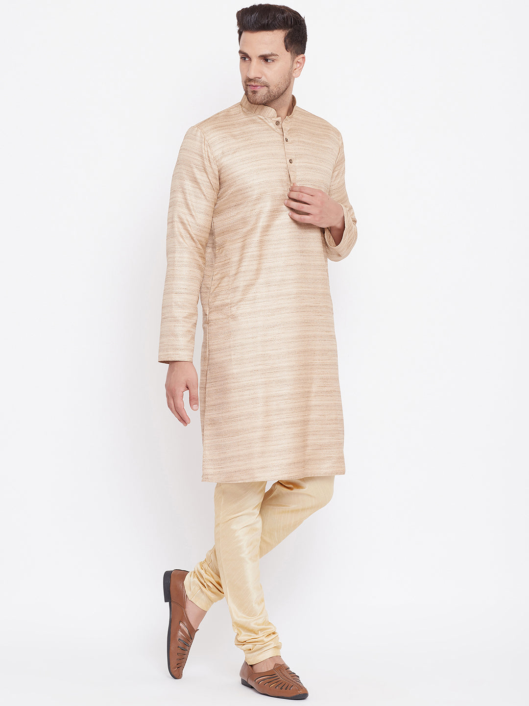 Sarvati Men's Beige And Gold Silk Blend Kurta Pyjama Set