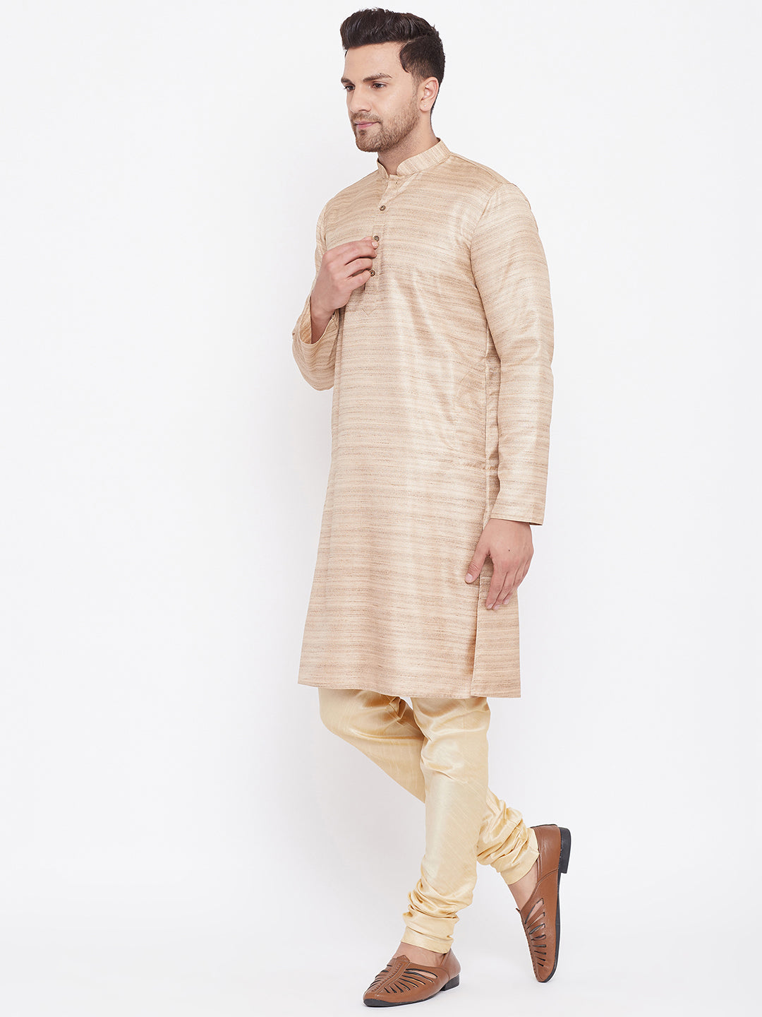 Sarvati Men's Beige And Gold Silk Blend Kurta Pyjama Set