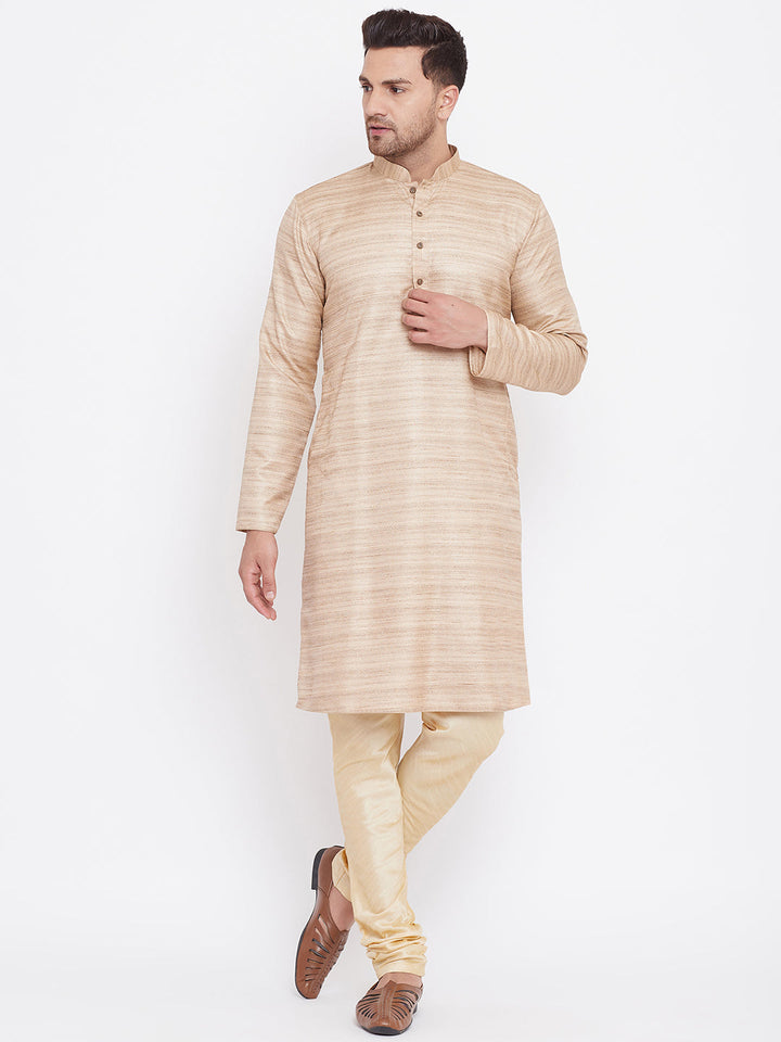 Sarvati Men's Beige And Gold Silk Blend Kurta Pyjama Set