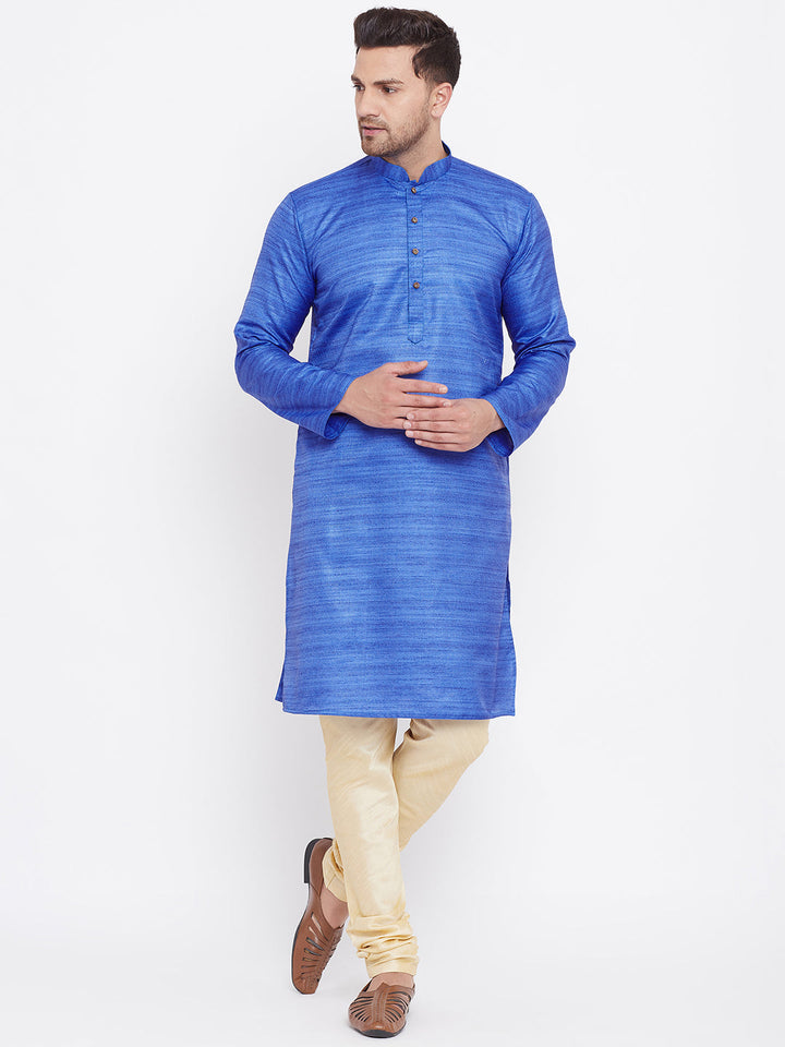 Sarvati Men's Blue And Gold Silk Blend Kurta Pyjama Set