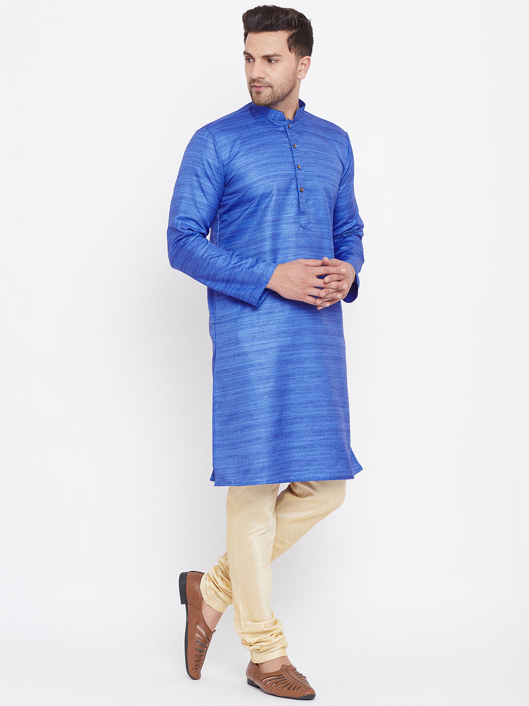 Sarvati Men's Blue And Gold Silk Blend Kurta Pyjama Set