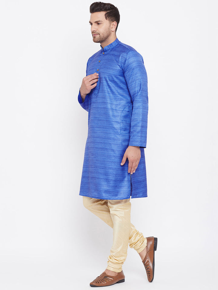 Sarvati Men's Blue And Gold Silk Blend Kurta Pyjama Set