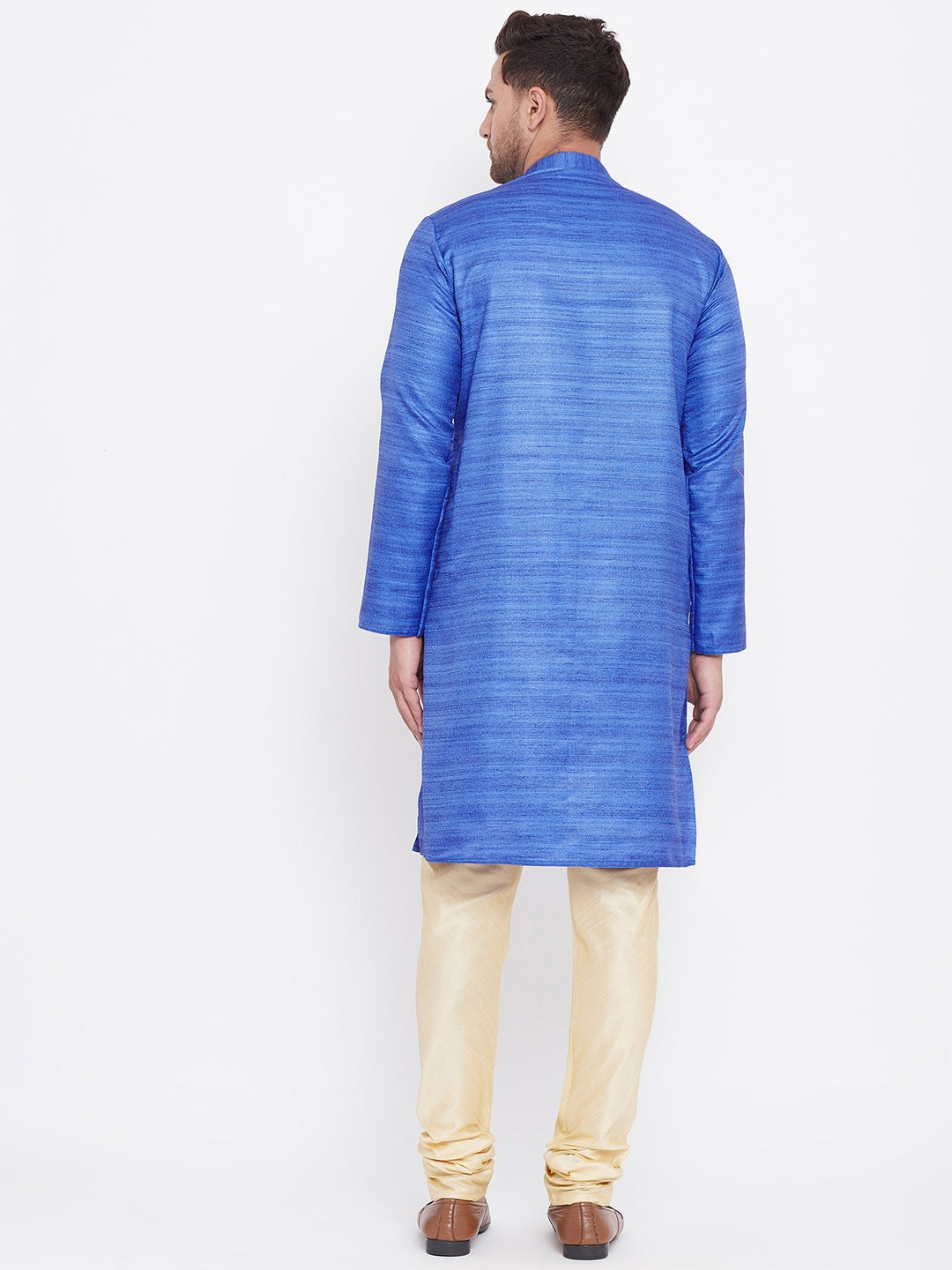 Sarvati Men's Blue And Gold Silk Blend Kurta Pyjama Set