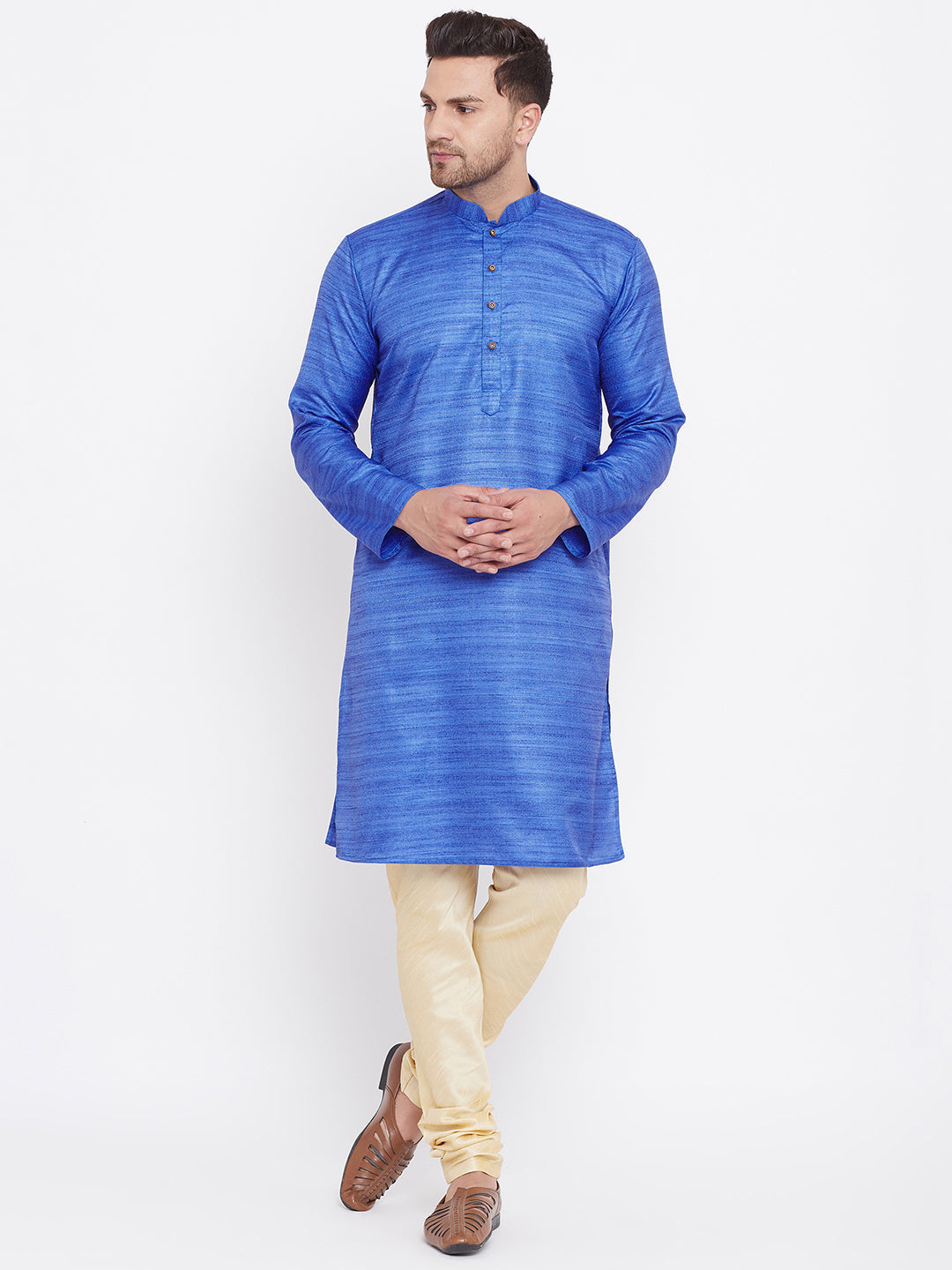 Sarvati Men's Blue And Gold Silk Blend Kurta Pyjama Set