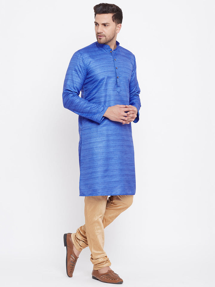 Sarvati Men's Blue And Rose Gold Silk Blend Kurta Pyjama Set