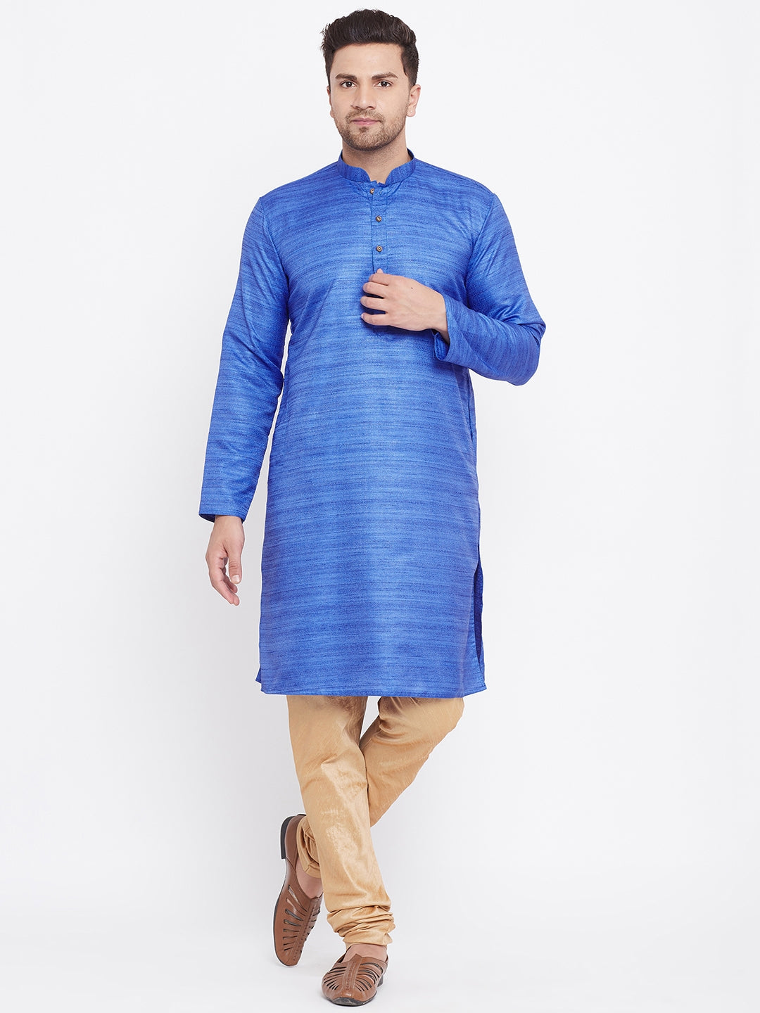 Sarvati Men's Blue And Rose Gold Silk Blend Kurta Pyjama Set