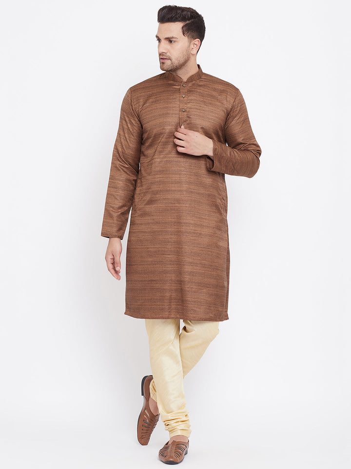 Sarvati Men's Coffee Brown And Gold Silk Blend Kurta Pyjama Set