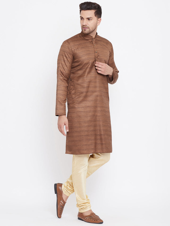 Sarvati Men's Coffee Brown And Gold Silk Blend Kurta Pyjama Set