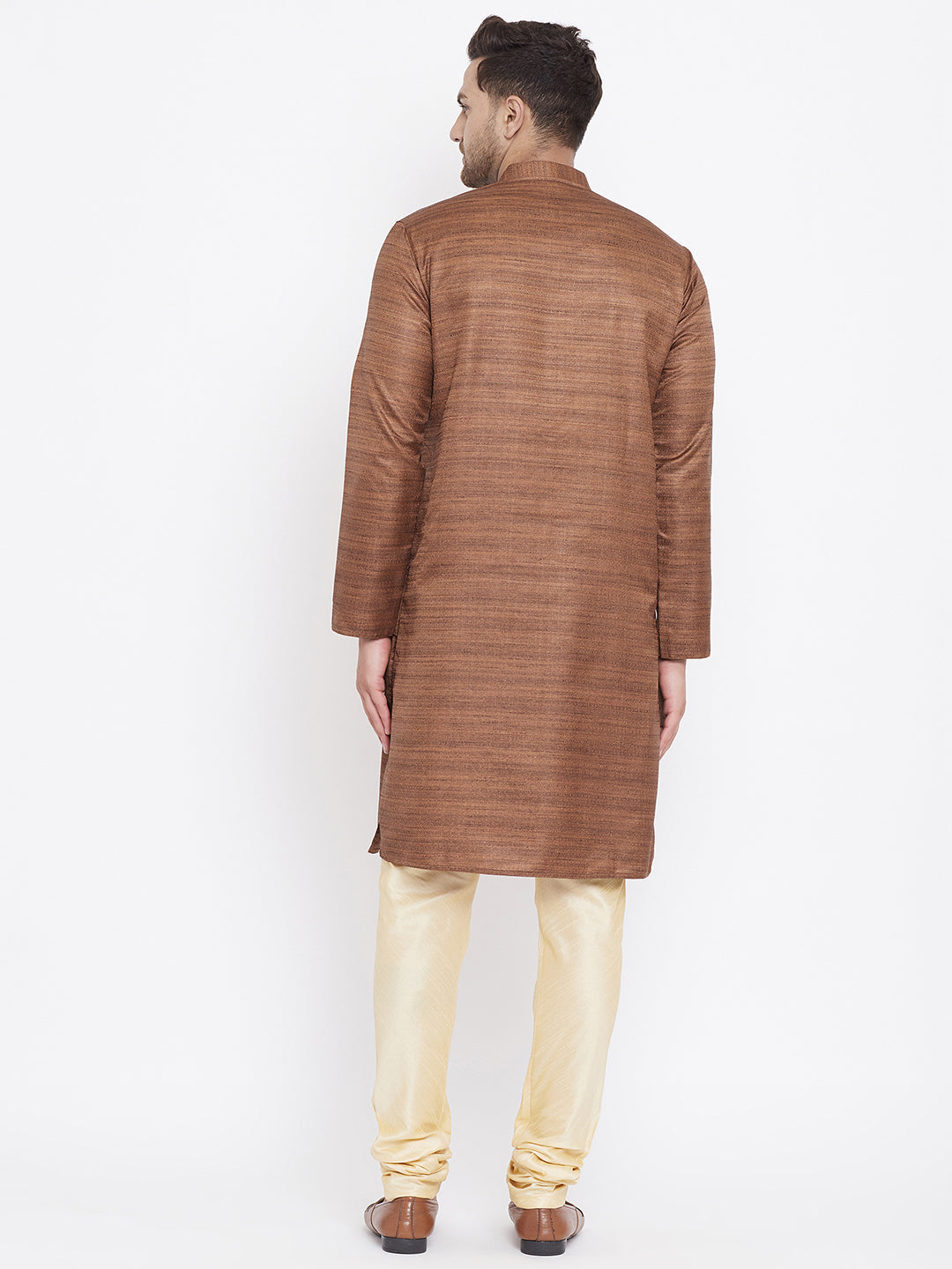 Sarvati Men's Coffee Brown And Gold Silk Blend Kurta Pyjama Set