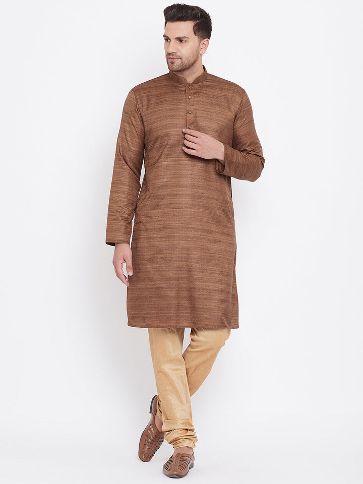 Sarvati Men's Coffee Brown And Rose Gold Silk Blend Kurta Pyjama Set