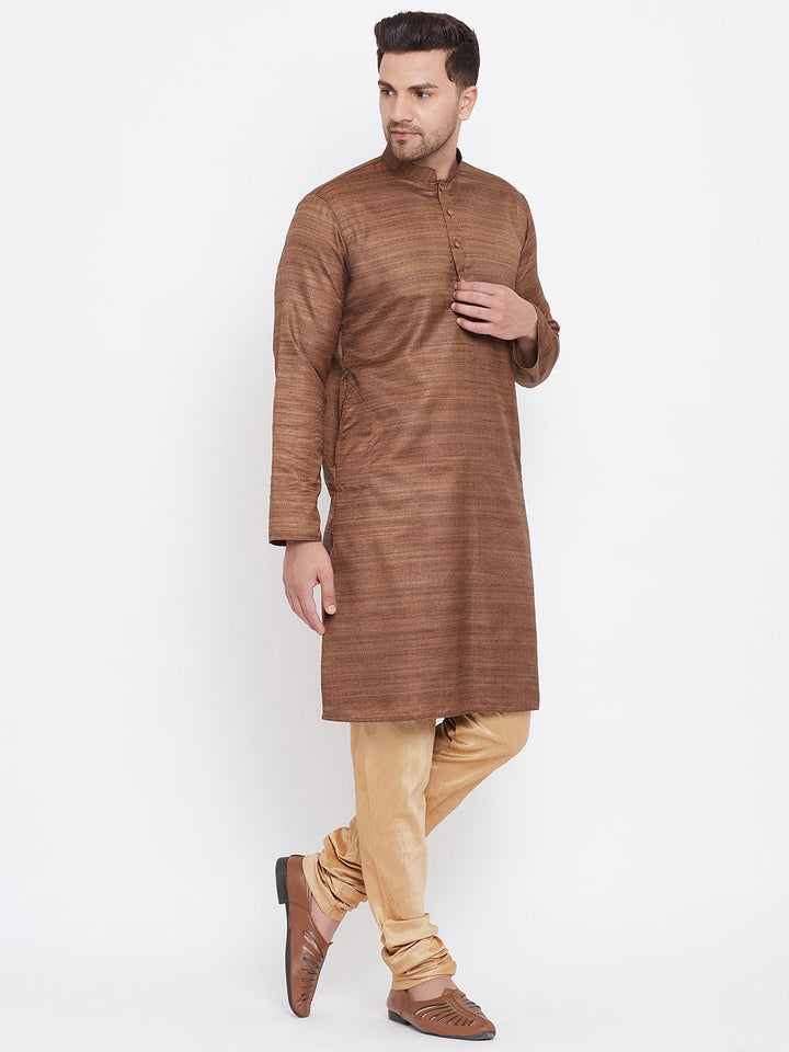 Sarvati Men's Coffee Brown And Rose Gold Silk Blend Kurta Pyjama Set