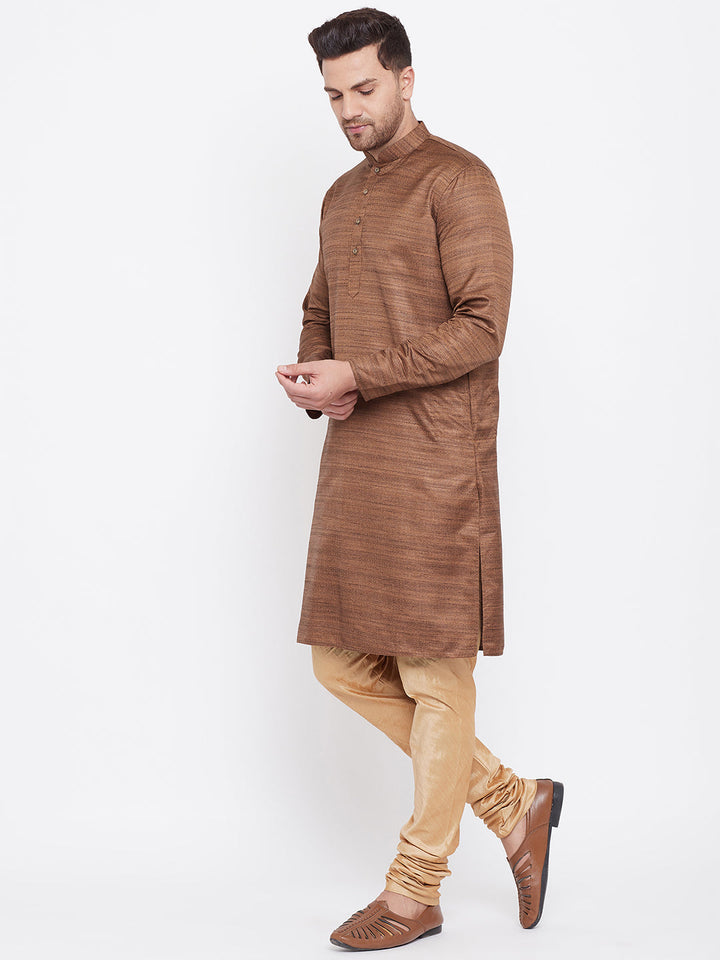 Sarvati Men's Coffee Brown And Rose Gold Silk Blend Kurta Pyjama Set