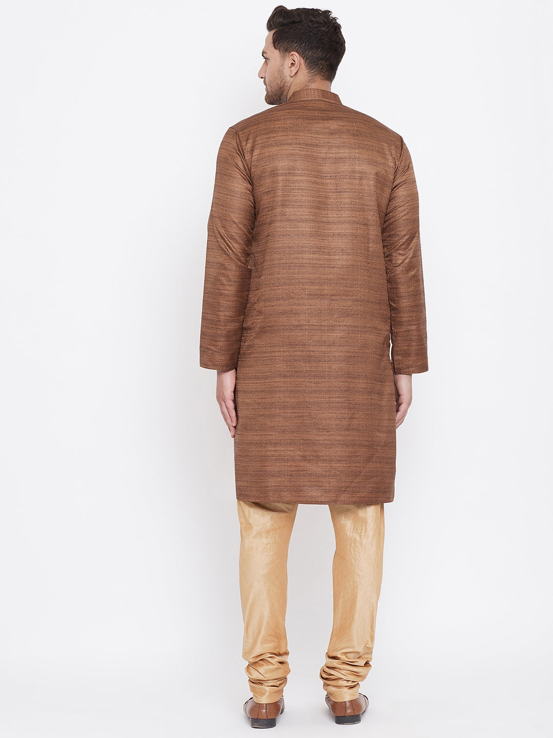 Sarvati Men's Coffee Brown And Rose Gold Silk Blend Kurta Pyjama Set