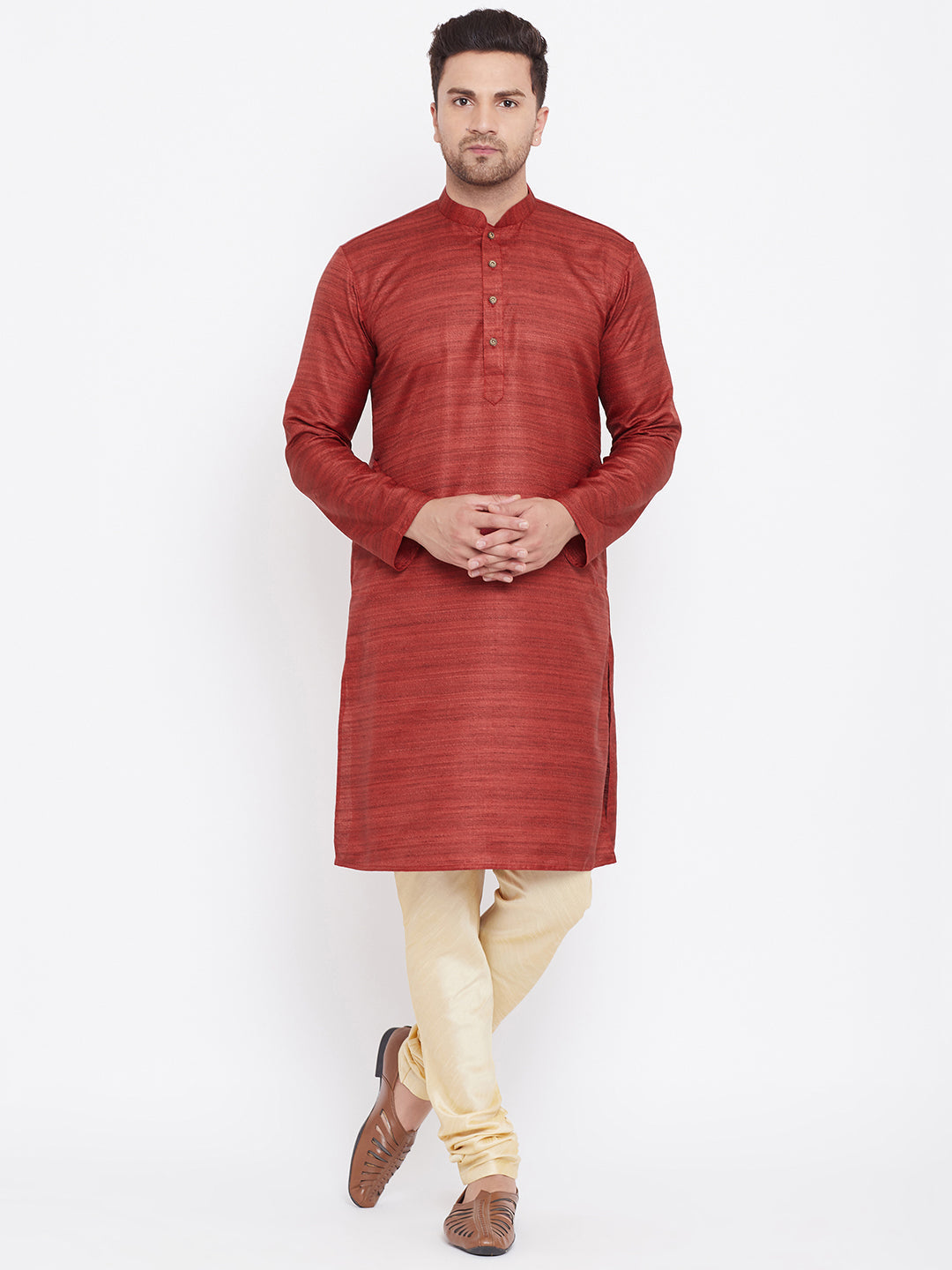 Sarvati Men's Maroon And Gold Silk Blend Kurta Pyjama Set